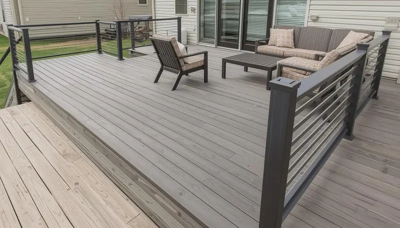 Gray composite deck near me with modern horizontal metal railings