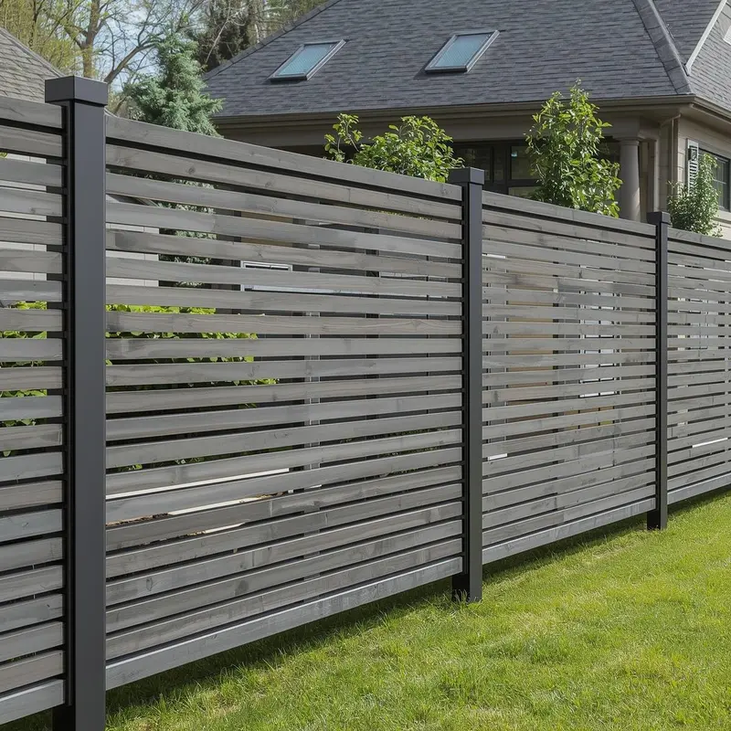 Gray horizontal slat fence with steel posts — modern fence near me