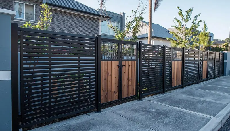 Modern horizontal slat fence with wood gate near me — Houston TX