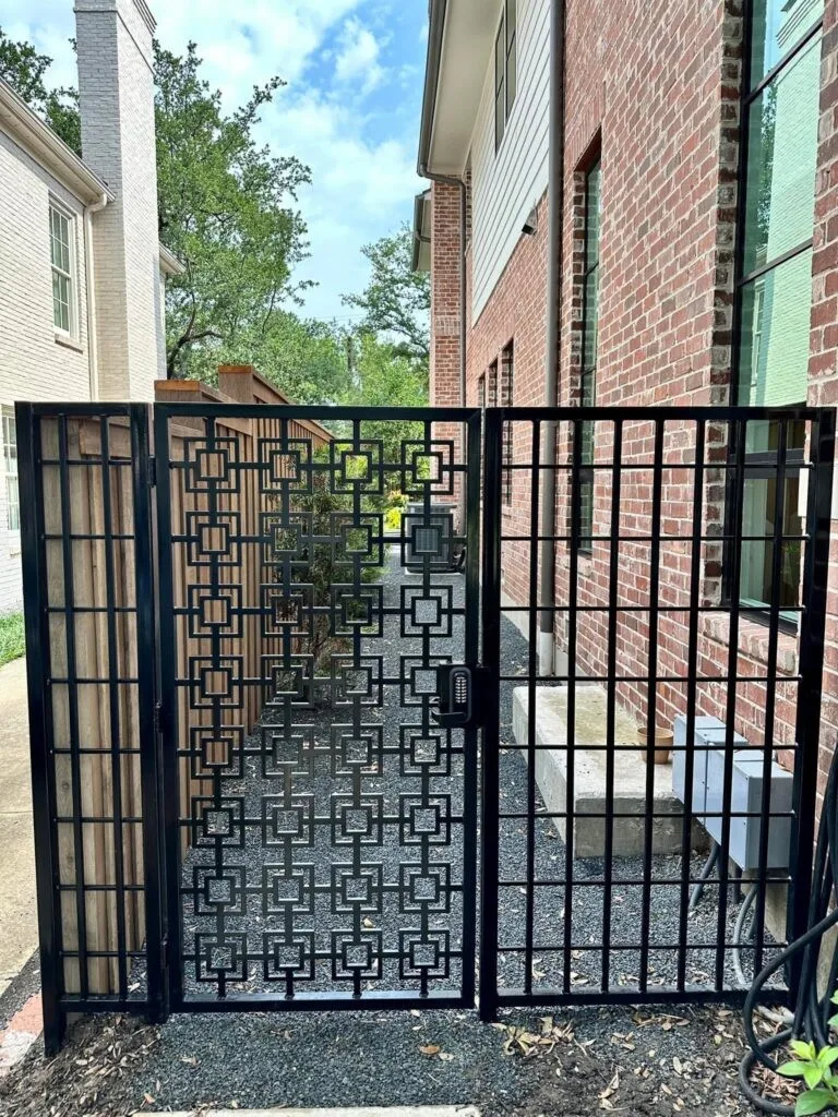 Custom laser-cut modern steel walkway gate in Pearland, TX