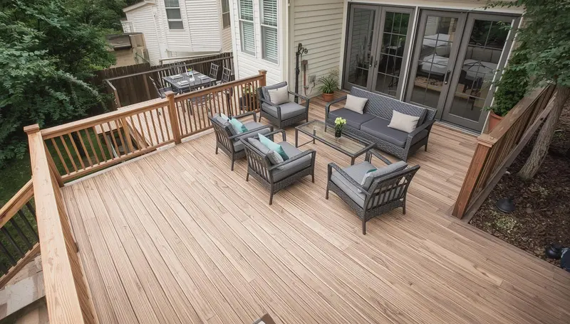 Natural wood deck with lounge area — deck builder near me