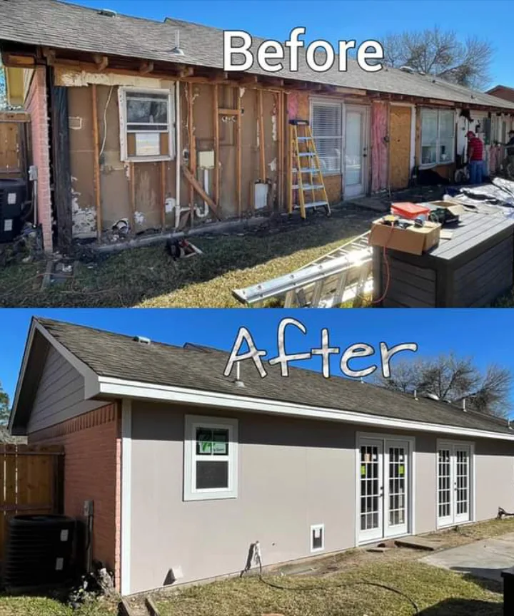 Before and after of a patio enclosure conversion and exterior rebuild by Forged Fence & Deck in Pearland, TX