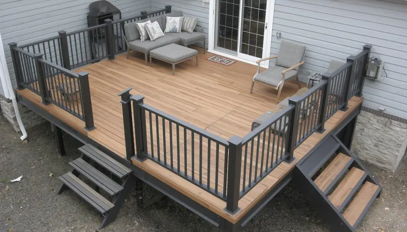 Wood deck with dark railings near me — dual staircase design